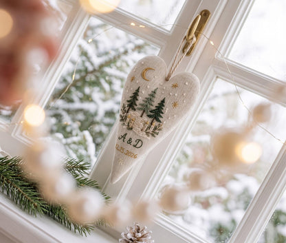 Personalized Christmas Heart Ornament, Embroidered Pine Forest Linen Ornament, Custom Couple Initials & Date, Winter Wedding Gift for Couple
