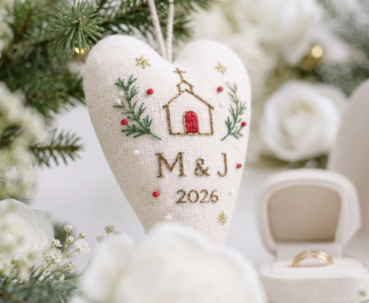 Personalized Christmas Heart Ornament, Embroidered Church Wedding Ornament, Custom Couple Initials & Year, Winter Wedding Keepsake Gift Sets
