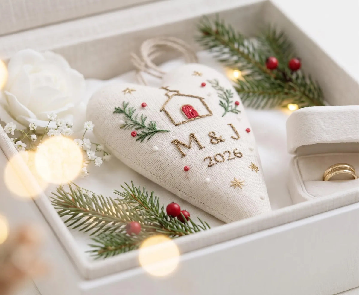 Personalized Christmas Heart Ornament, Embroidered Church Wedding Ornament, Custom Couple Initials & Year, Winter Wedding Keepsake Gift Sets