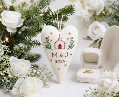 Personalized Christmas Heart Ornament, Embroidered Church Wedding Ornament, Custom Couple Initials & Year, Winter Wedding Keepsake Gift Sets