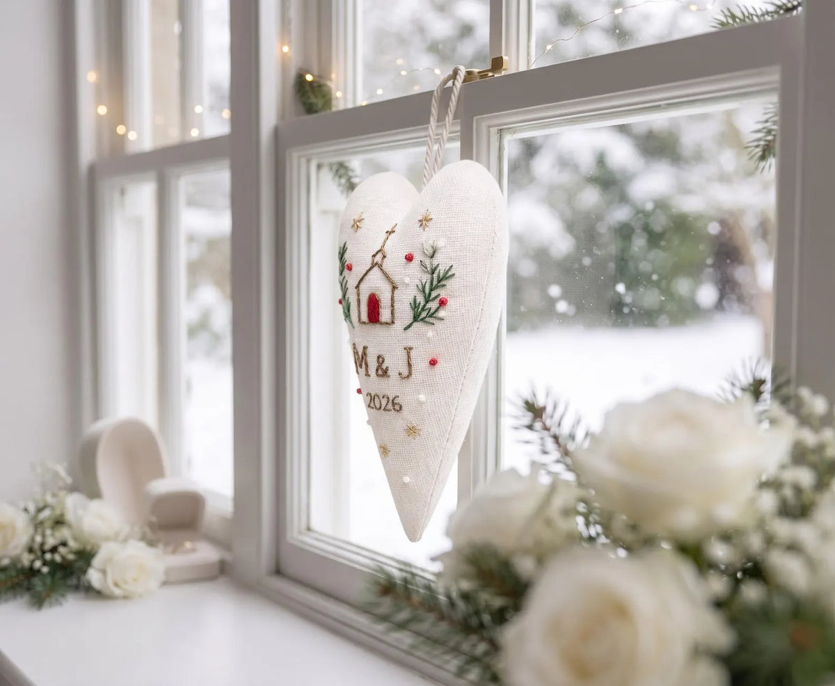 Personalized Christmas Heart Ornament, Embroidered Church Wedding Ornament, Custom Couple Initials & Year, Winter Wedding Keepsake Gift Sets