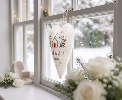 Personalized Christmas Heart Ornament, Embroidered Church Wedding Ornament, Custom Couple Initials & Year, Winter Wedding Keepsake Gift Sets