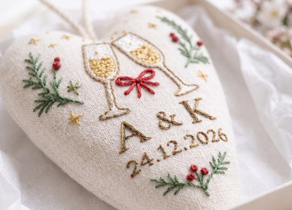 Personalized Christmas Heart Ornament, Embroidered Champagne Glasses Wedding Ornament, Custom Couple Initials & Date, Holiday Keepsake Gifts