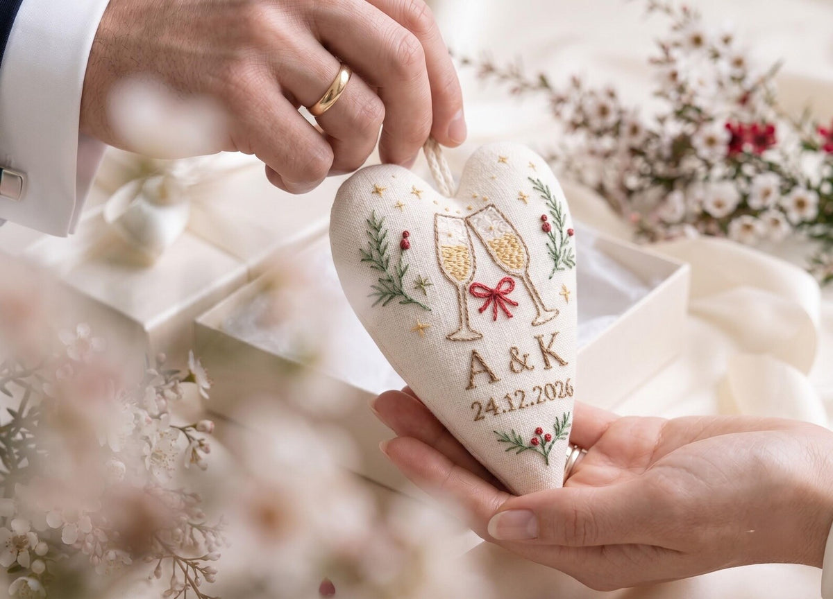 Personalized Christmas Heart Ornament, Embroidered Champagne Glasses Wedding Ornament, Custom Couple Initials & Date, Holiday Keepsake Gifts