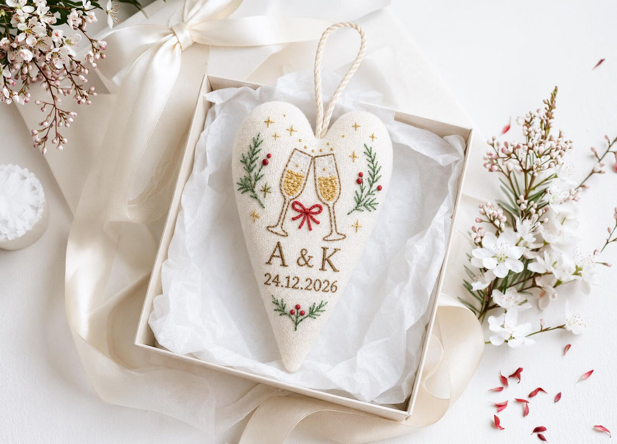 Personalized Christmas Heart Ornament, Embroidered Champagne Glasses Wedding Ornament, Custom Couple Initials & Date, Holiday Keepsake Gifts
