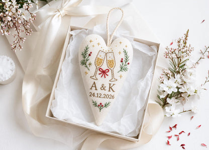 Personalized Christmas Heart Ornament, Embroidered Champagne Glasses Wedding Ornament, Custom Couple Initials & Date, Holiday Keepsake Gifts