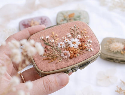 Embroidered Autumn Jewelry Box, Mini Floral Ring Box, Pumpkin Mushroom Leaf Keepsake, Vintage Trinket Case, Rustic Fall Wedding Gift for Her