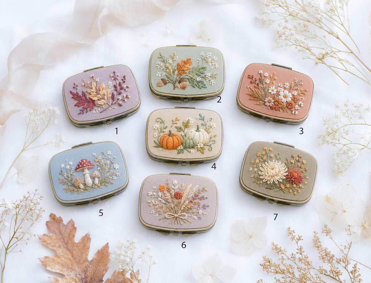 Embroidered Autumn Jewelry Box, Mini Floral Ring Box, Pumpkin Mushroom Leaf Keepsake, Vintage Trinket Case, Rustic Fall Wedding Gift for Her