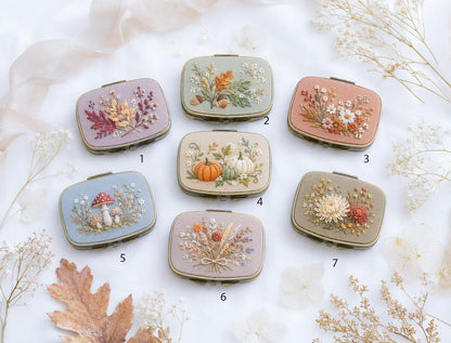 Embroidered Autumn Jewelry Box, Mini Floral Ring Box, Pumpkin Mushroom Leaf Keepsake, Vintage Trinket Case, Rustic Fall Wedding Gift for Her