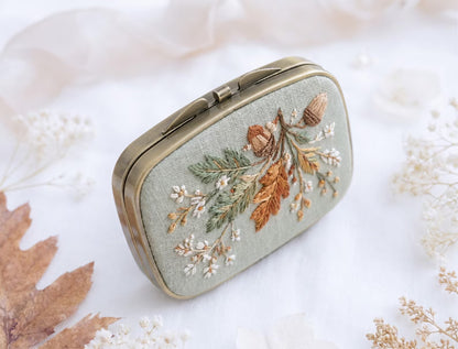 Embroidered Autumn Jewelry Box, Mini Floral Ring Box, Pumpkin Mushroom Leaf Keepsake, Vintage Trinket Case, Rustic Fall Wedding Gift for Her
