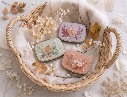 Embroidered Autumn Jewelry Box, Mini Floral Ring Box, Pumpkin Mushroom Leaf Keepsake, Vintage Trinket Case, Rustic Fall Wedding Gift for Her