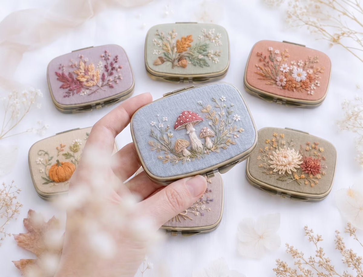Embroidered Autumn Jewelry Box, Mini Floral Ring Box, Pumpkin Mushroom Leaf Keepsake, Vintage Trinket Case, Rustic Fall Wedding Gift for Her