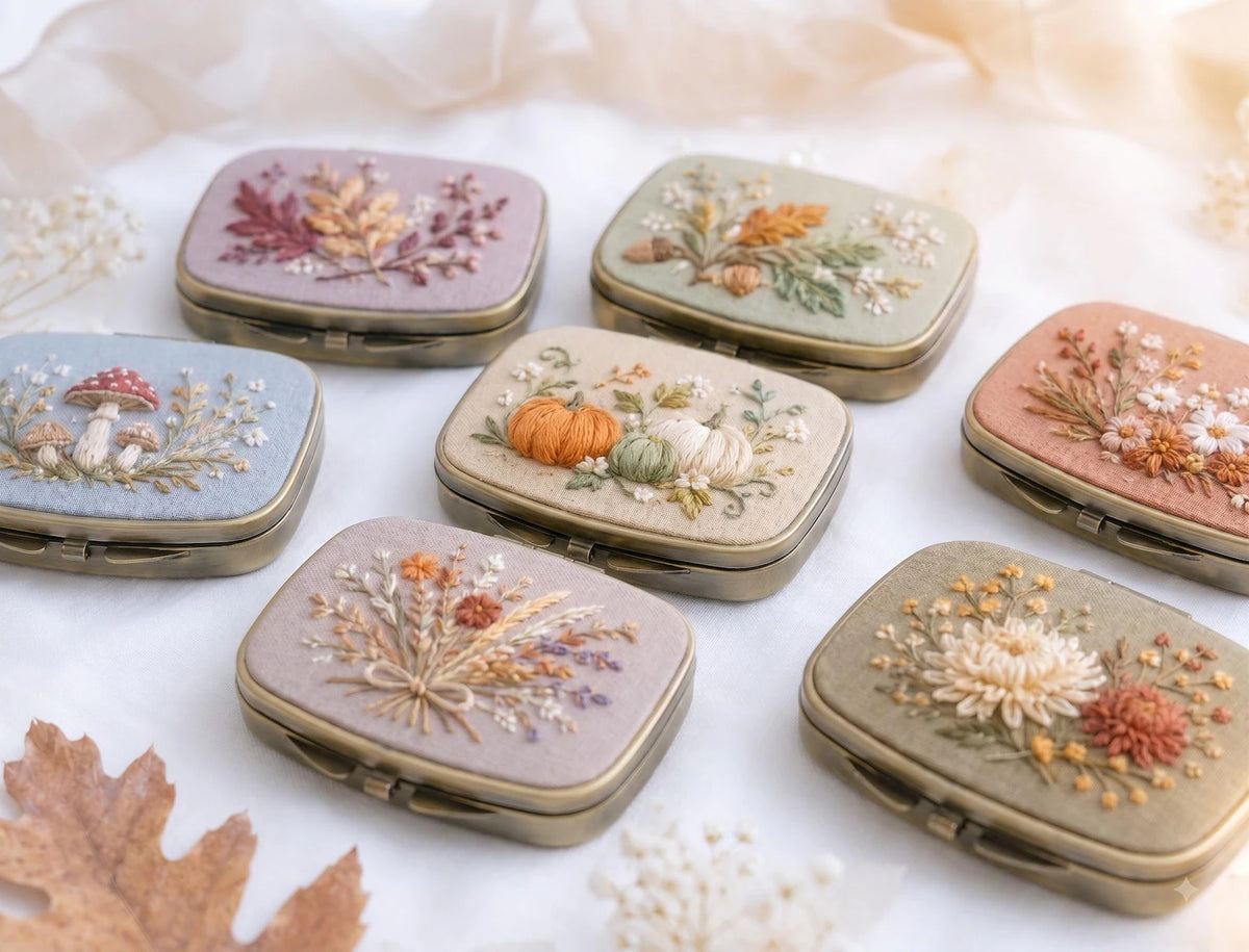 Embroidered Autumn Jewelry Box, Mini Floral Ring Box, Pumpkin Mushroom Leaf Keepsake, Vintage Trinket Case, Rustic Fall Wedding Gift for Her