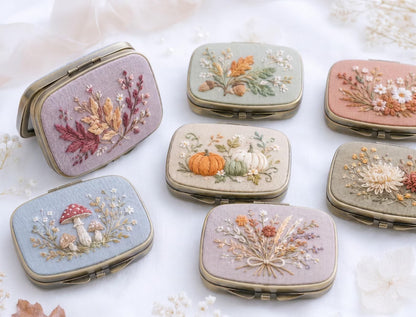 Embroidered Autumn Jewelry Box, Mini Floral Ring Box, Pumpkin Mushroom Leaf Keepsake, Vintage Trinket Case, Rustic Fall Wedding Gift for Her