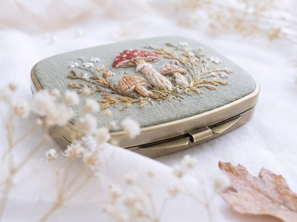 Embroidered Autumn Jewelry Box, Mini Floral Ring Box, Pumpkin Mushroom Leaf Keepsake, Vintage Trinket Case, Rustic Fall Wedding Gift for Her