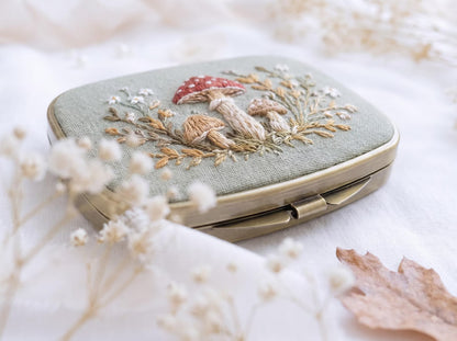 Embroidered Autumn Jewelry Box, Mini Floral Ring Box, Pumpkin Mushroom Leaf Keepsake, Vintage Trinket Case, Rustic Fall Wedding Gift for Her