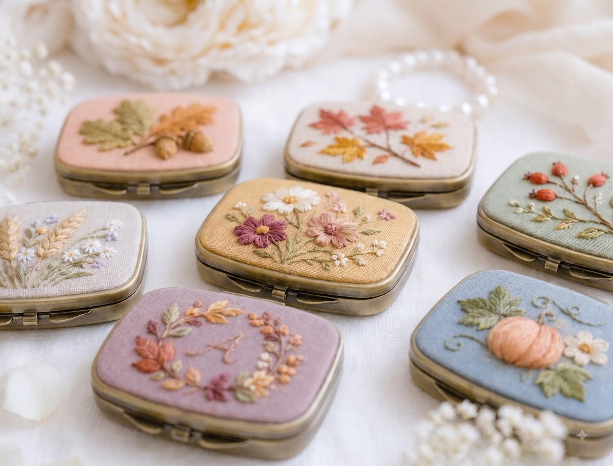 Embroidered Autumn Jewelry Box, Mini Floral Ring Box, Pumpkin Mushroom Leaf Keepsake, Vintage Trinket Case, Rustic Fall Wedding Gift for Her