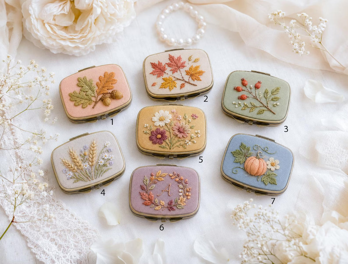 Embroidered Autumn Jewelry Box, Mini Floral Ring Box, Pumpkin Mushroom Leaf Keepsake, Vintage Trinket Case, Rustic Fall Wedding Gift for Her
