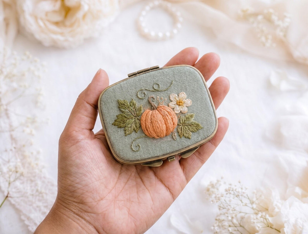 Embroidered Autumn Jewelry Box, Mini Floral Ring Box, Pumpkin Mushroom Leaf Keepsake, Vintage Trinket Case, Rustic Fall Wedding Gift for Her
