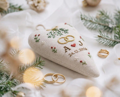 Personalized Christmas Heart Ornament, Embroidered Mistletoe Ring Ornament, Custom Couple Initials and Date, Christmas Wedding Keepsake Gift