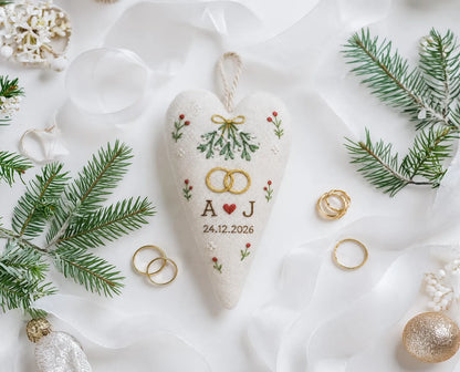 Personalized Christmas Heart Ornament, Embroidered Mistletoe Ring Ornament, Custom Couple Initials and Date, Christmas Wedding Keepsake Gift