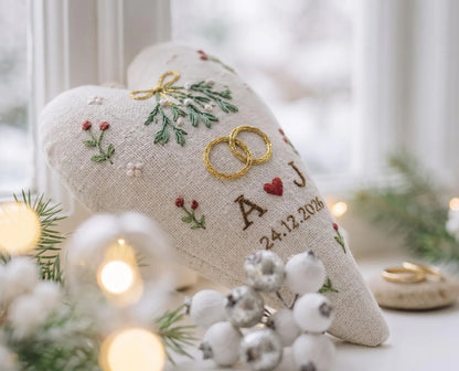 Personalized Christmas Heart Ornament, Embroidered Mistletoe Ring Ornament, Custom Couple Initials and Date, Christmas Wedding Keepsake Gift