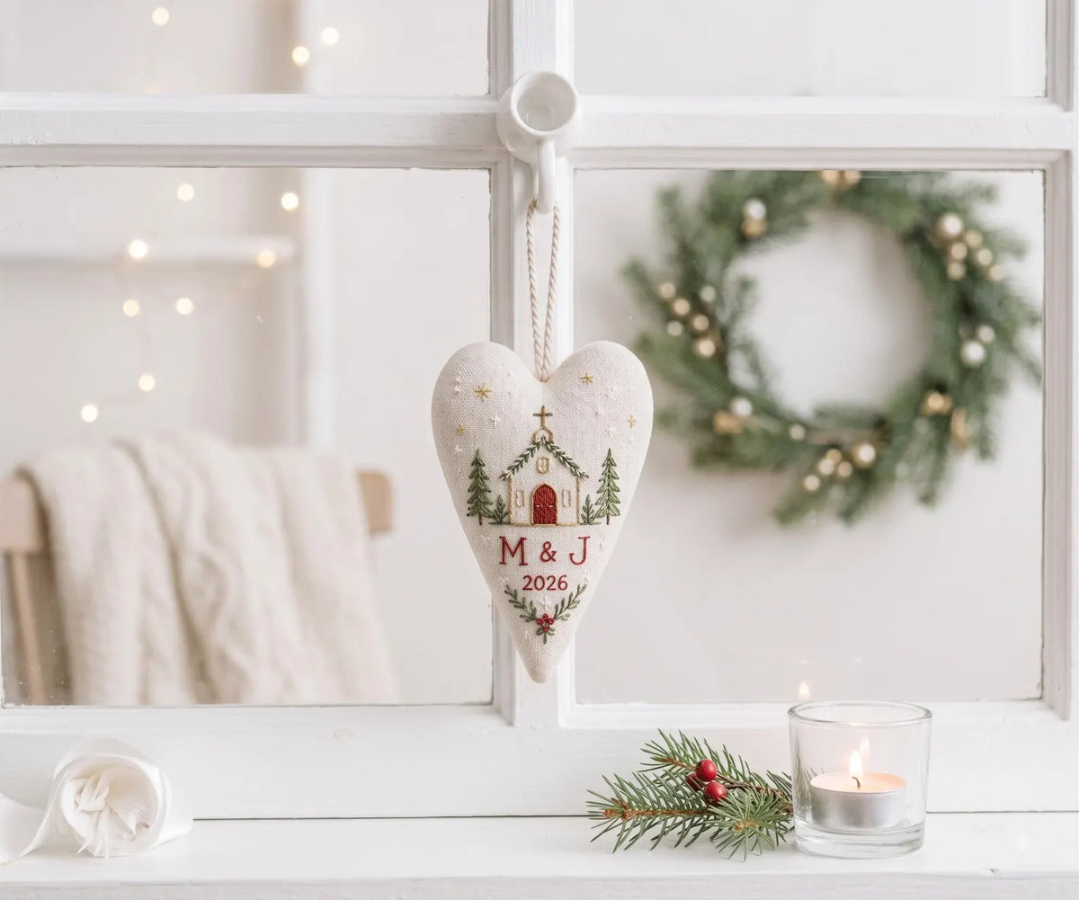 Personalized Christmas Heart Ornament, Embroidered Church Wedding Ornament, Custom Couple Initials & Year, Christmas Chapel Wedding Keepsake