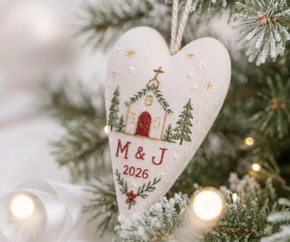 Personalized Christmas Heart Ornament, Embroidered Church Wedding Ornament, Custom Couple Initials & Year, Christmas Chapel Wedding Keepsake