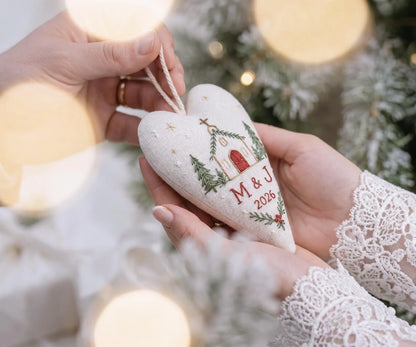 Personalized Christmas Heart Ornament, Embroidered Church Wedding Ornament, Custom Couple Initials & Year, Christmas Chapel Wedding Keepsake