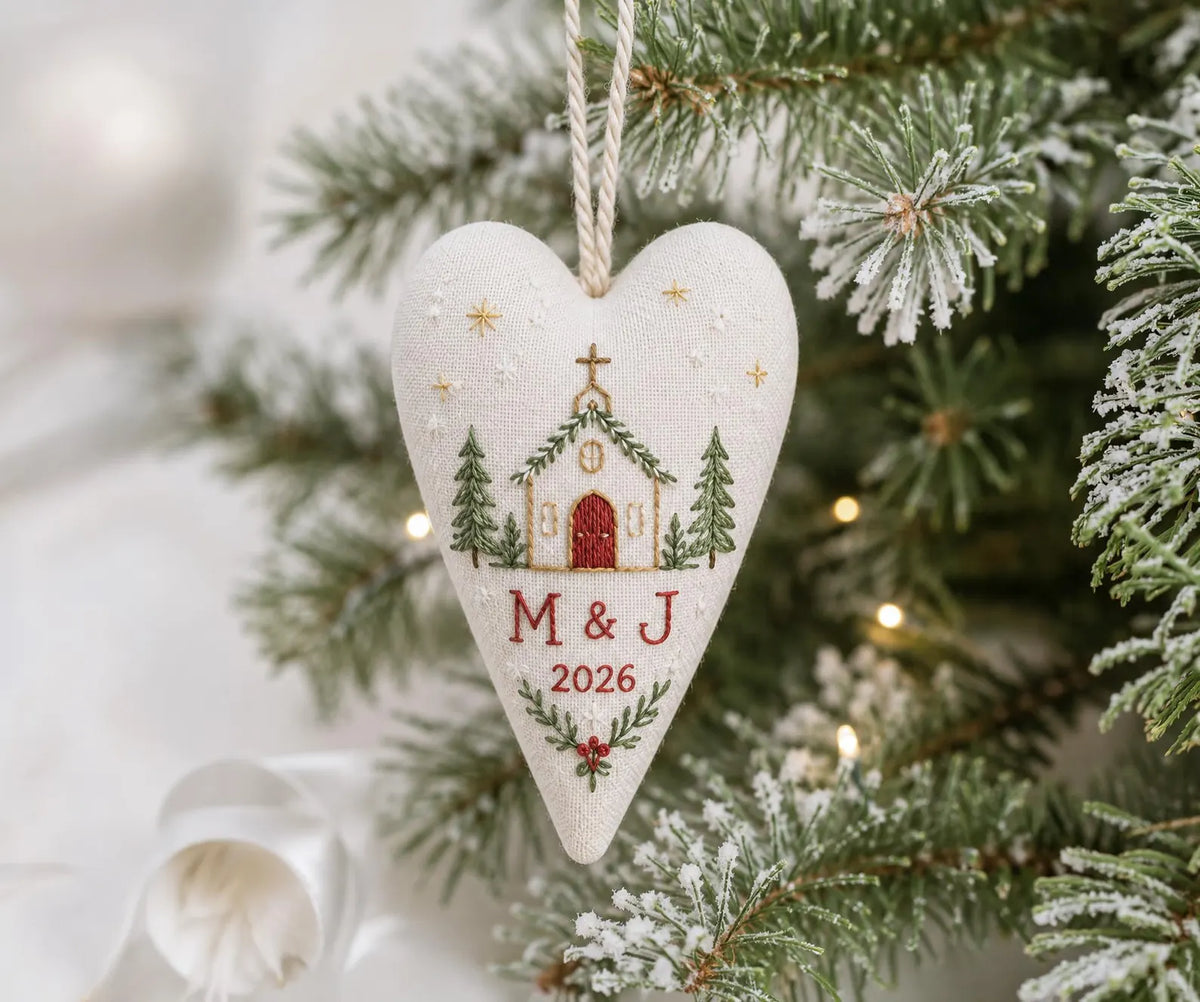 Personalized Christmas Heart Ornament, Embroidered Church Wedding Ornament, Custom Couple Initials & Year, Christmas Chapel Wedding Keepsake
