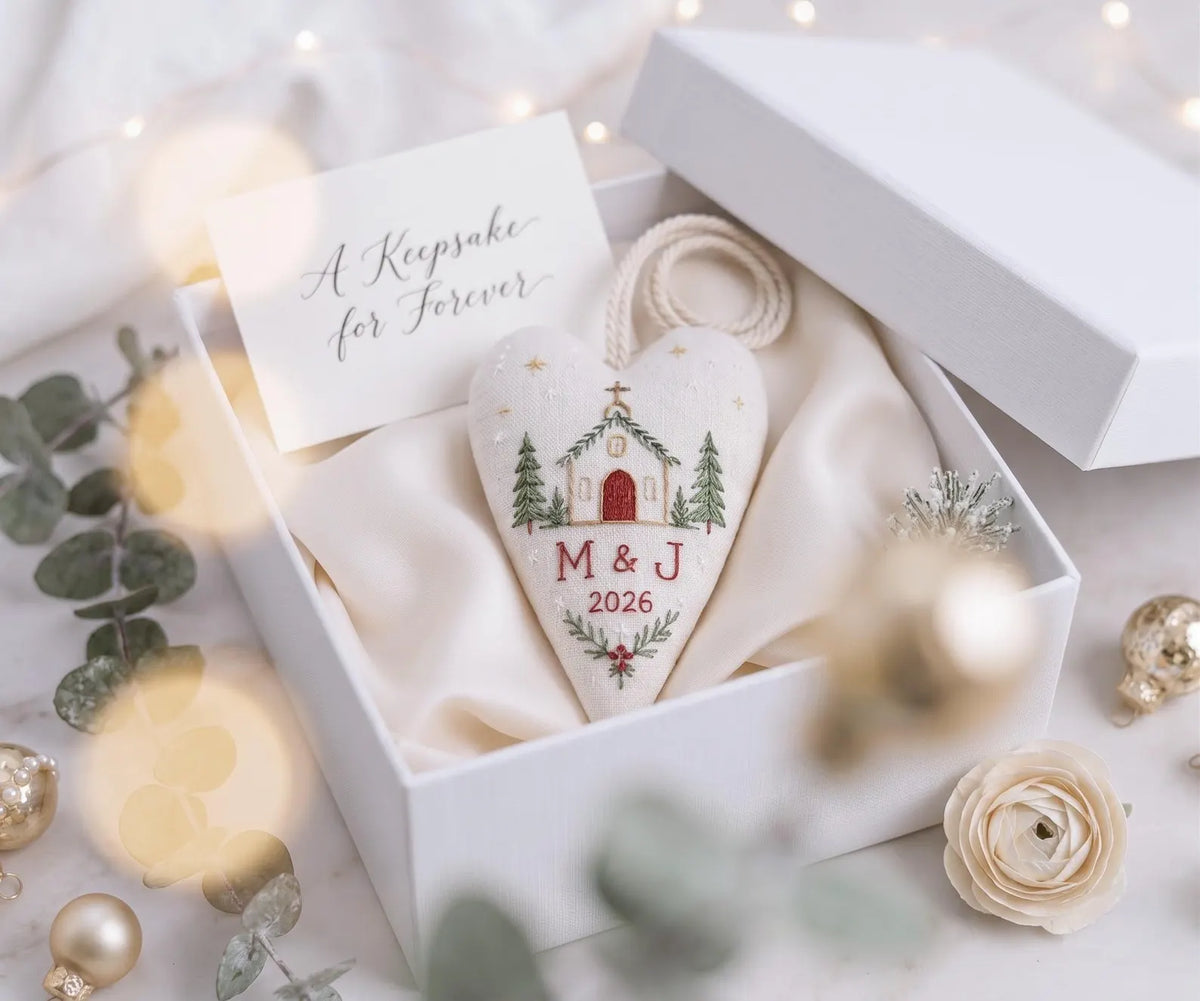 Personalized Christmas Heart Ornament, Embroidered Church Wedding Ornament, Custom Couple Initials & Year, Christmas Chapel Wedding Keepsake