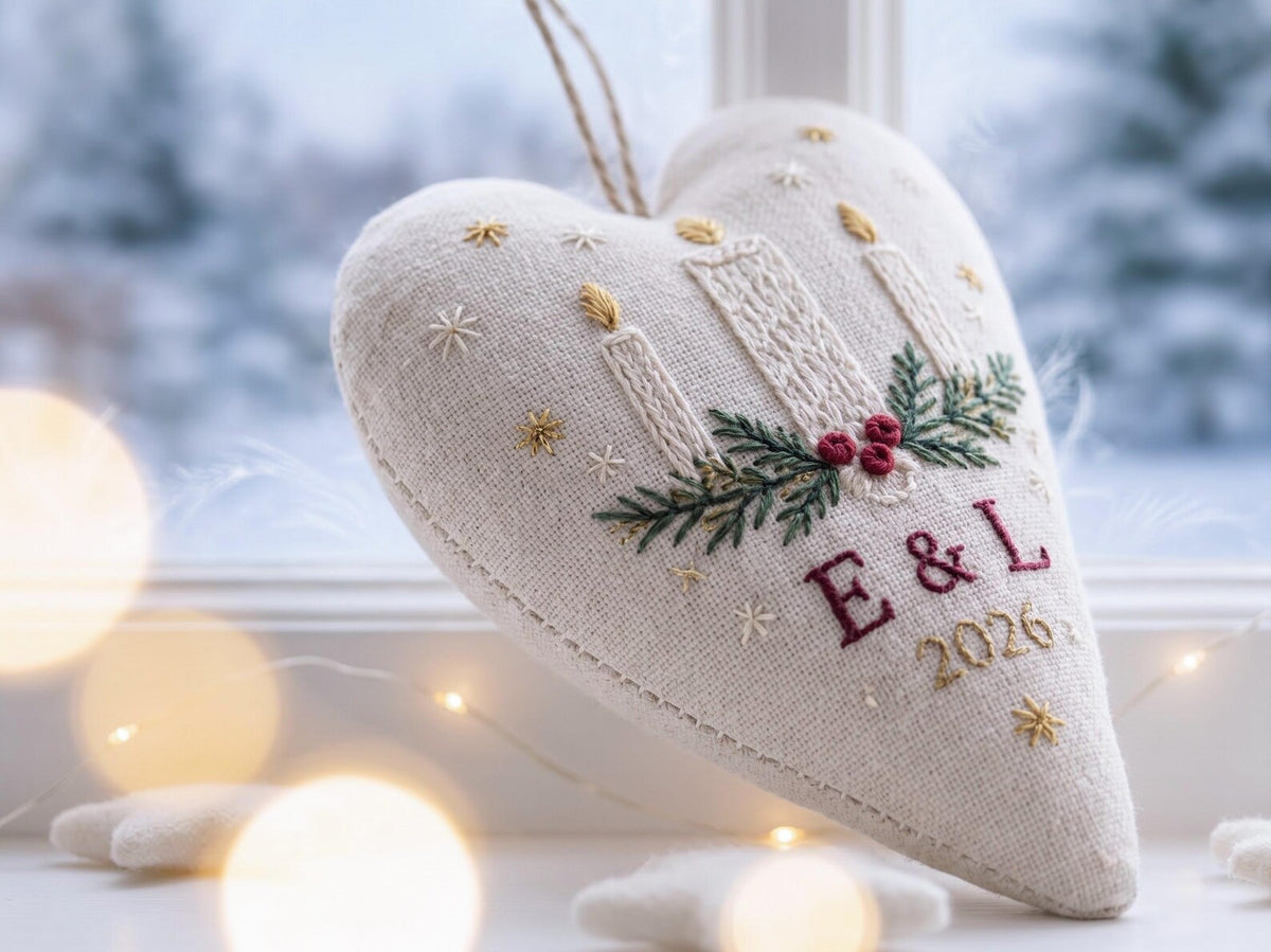 Personalized Christmas Heart Ornament, Embroidered Candle Wedding Ornament, Custom Couple Initials & Year, Christmas Wedding Gift for Couple