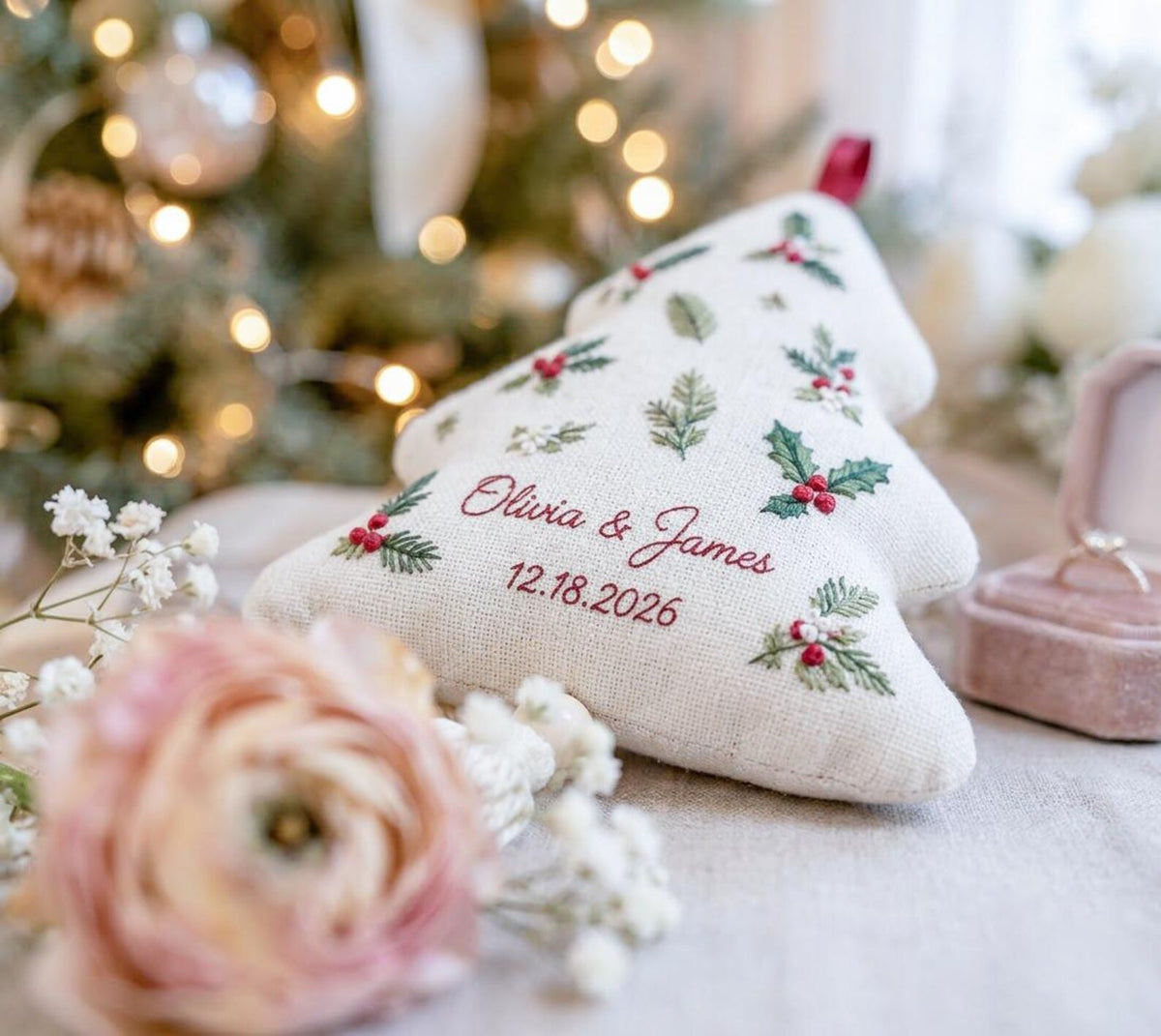 Personalized Christmas Tree Wedding Ornament, Hand Embroidered Gift Boxes Bows, Custom Names & Date, Newlywed Keepsake Gift Holiday Decor