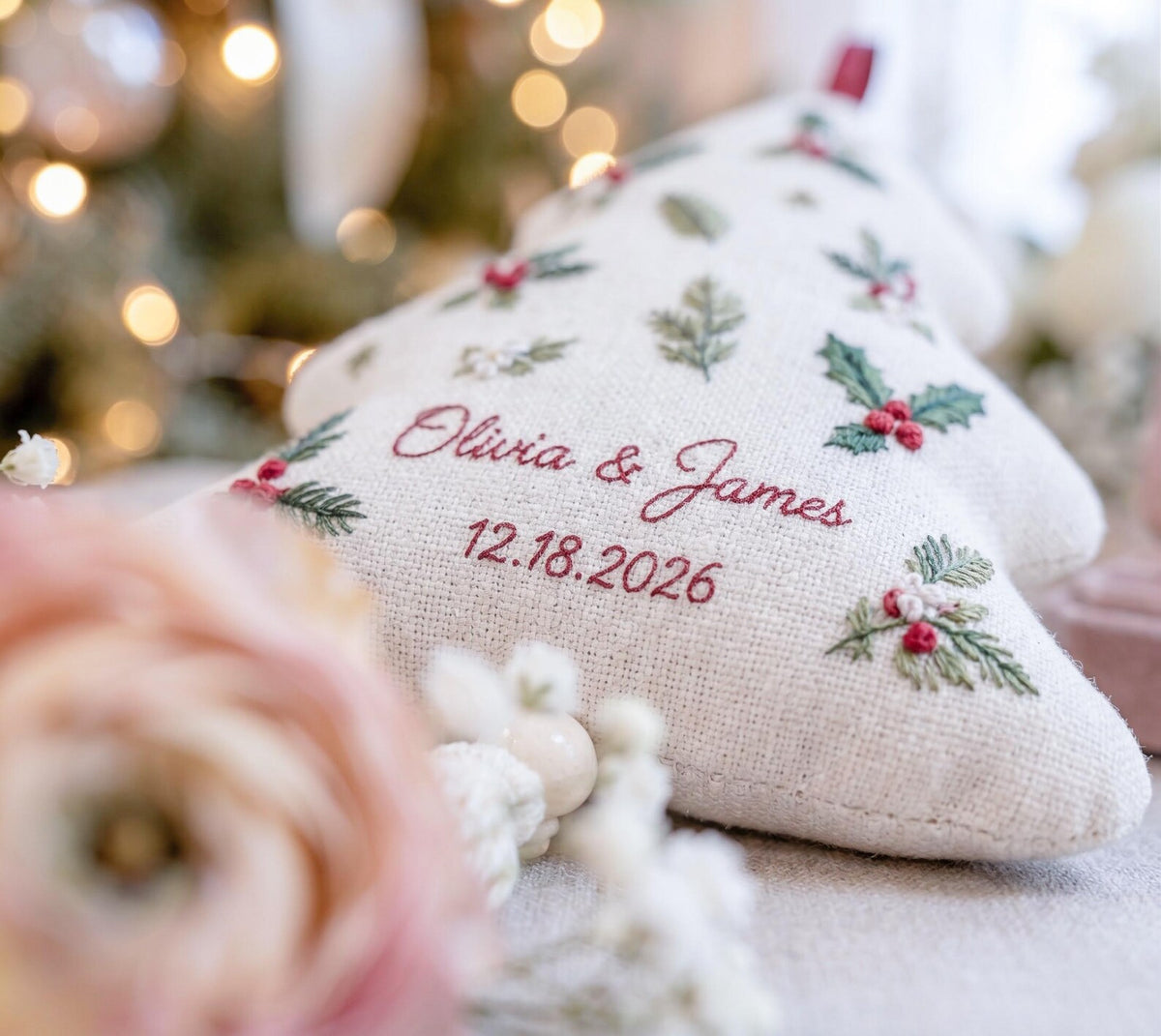 Personalized Christmas Tree Wedding Ornament, Hand Embroidered Gift Boxes Bows, Custom Names & Date, Newlywed Keepsake Gift Holiday Decor