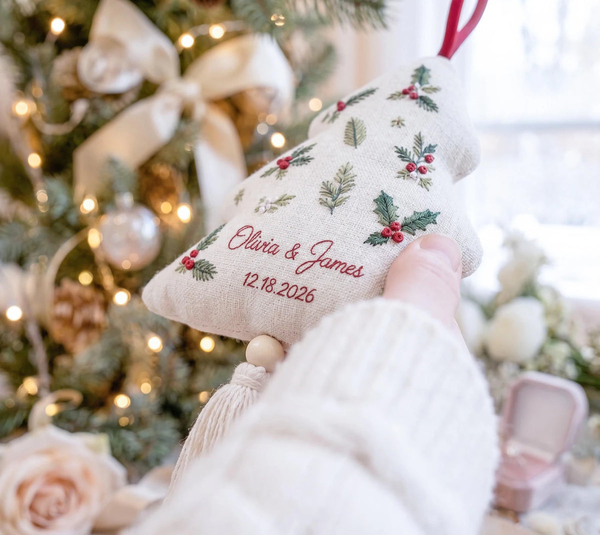 Personalized Christmas Tree Wedding Ornament, Hand Embroidered Gift Boxes Bows, Custom Names & Date, Newlywed Keepsake Gift Holiday Decor