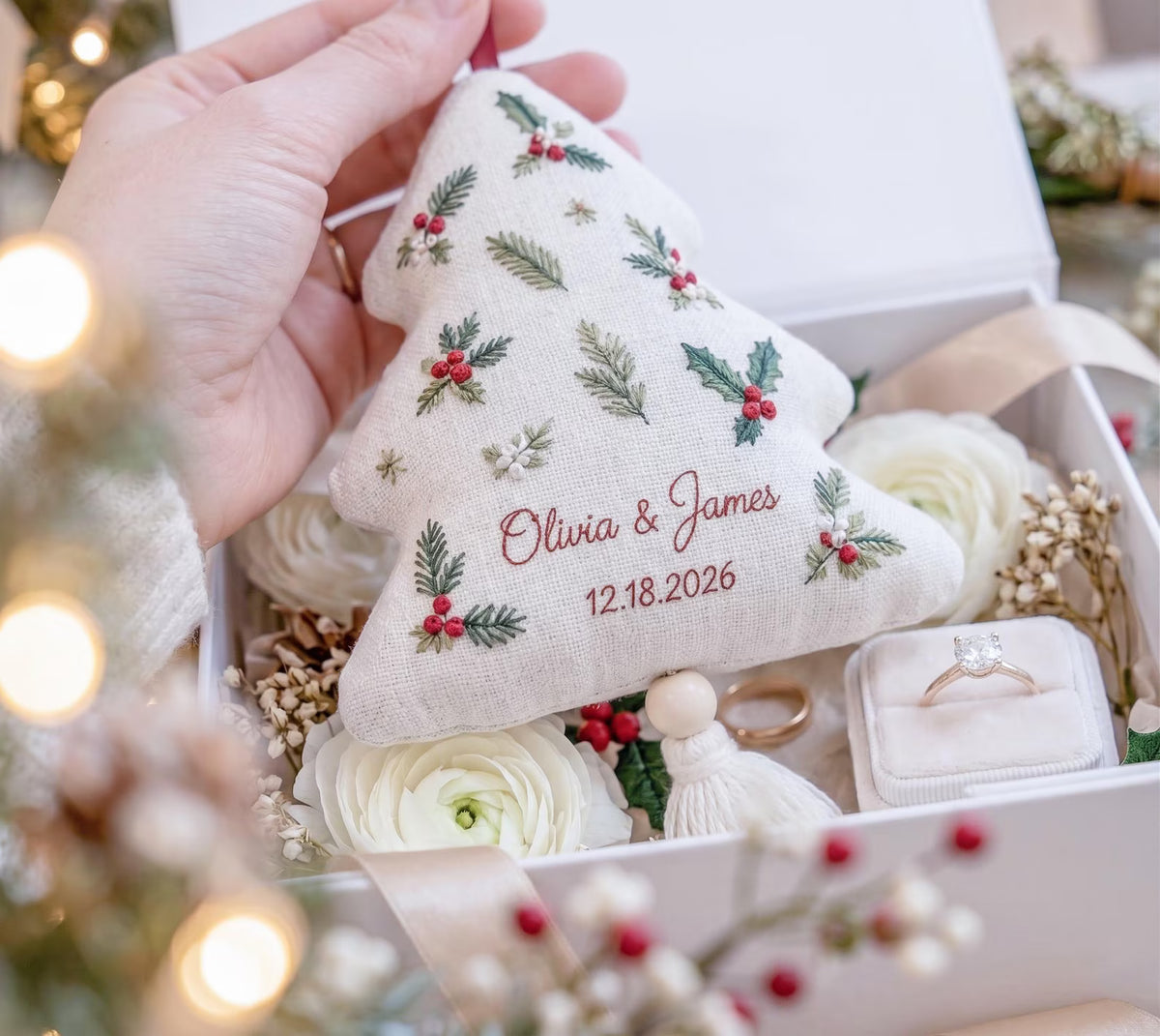 Personalized Christmas Tree Wedding Ornament, Hand Embroidered Gift Boxes Bows, Custom Names & Date, Newlywed Keepsake Gift Holiday Decor
