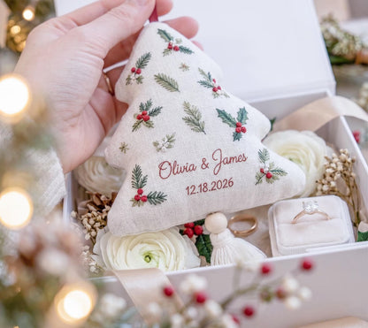 Personalized Christmas Tree Wedding Ornament, Hand Embroidered Gift Boxes Bows, Custom Names & Date, Newlywed Keepsake Gift Holiday Decor
