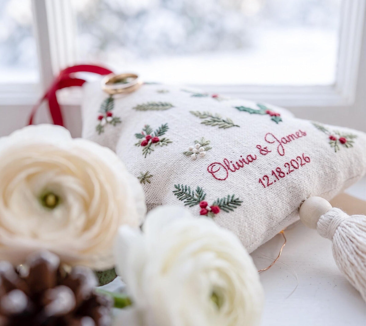 Personalized Christmas Tree Wedding Ornament, Hand Embroidered Gift Boxes Bows, Custom Names & Date, Newlywed Keepsake Gift Holiday Decor
