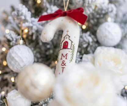 Personalized Christmas Wedding Ornament, Hand Embroidered Church Candy Cane, Custom Initials, Red Bow, Christian Newlywed Keepsake Gift 2026