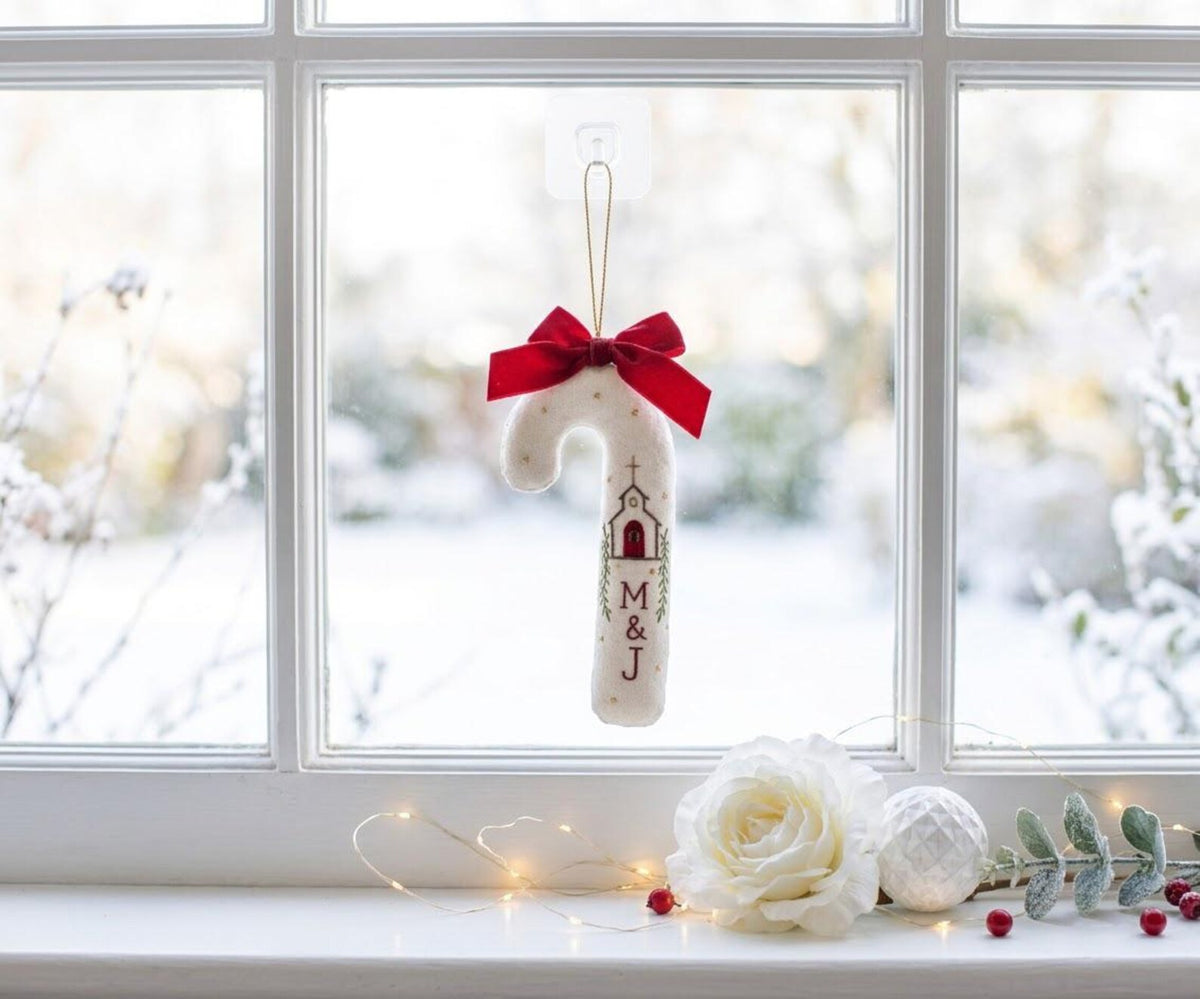 Personalized Christmas Wedding Ornament, Hand Embroidered Church Candy Cane, Custom Initials, Red Bow, Christian Newlywed Keepsake Gift 2026