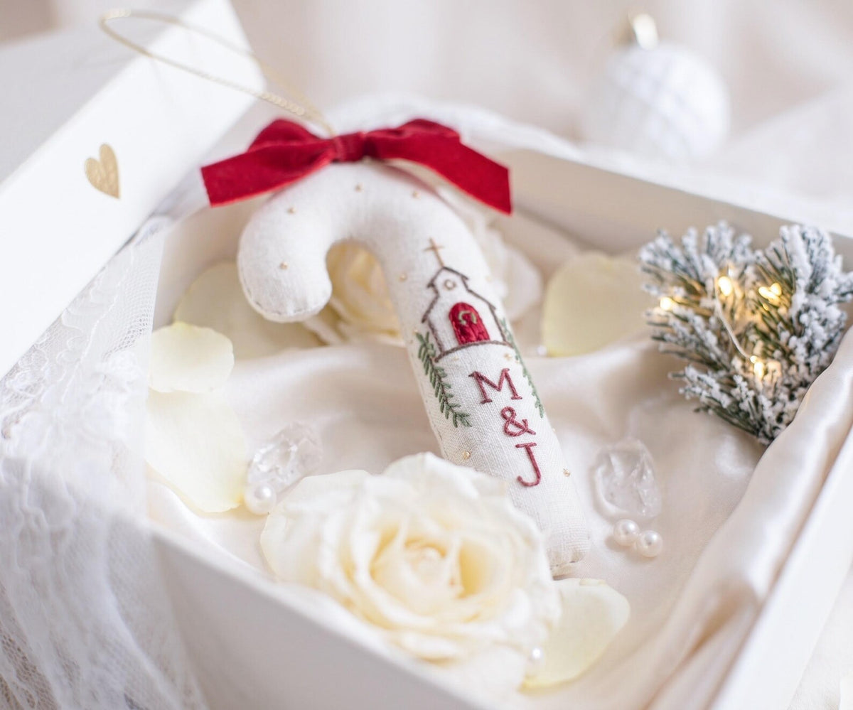 Personalized Christmas Wedding Ornament, Hand Embroidered Church Candy Cane, Custom Initials, Red Bow, Christian Newlywed Keepsake Gift 2026