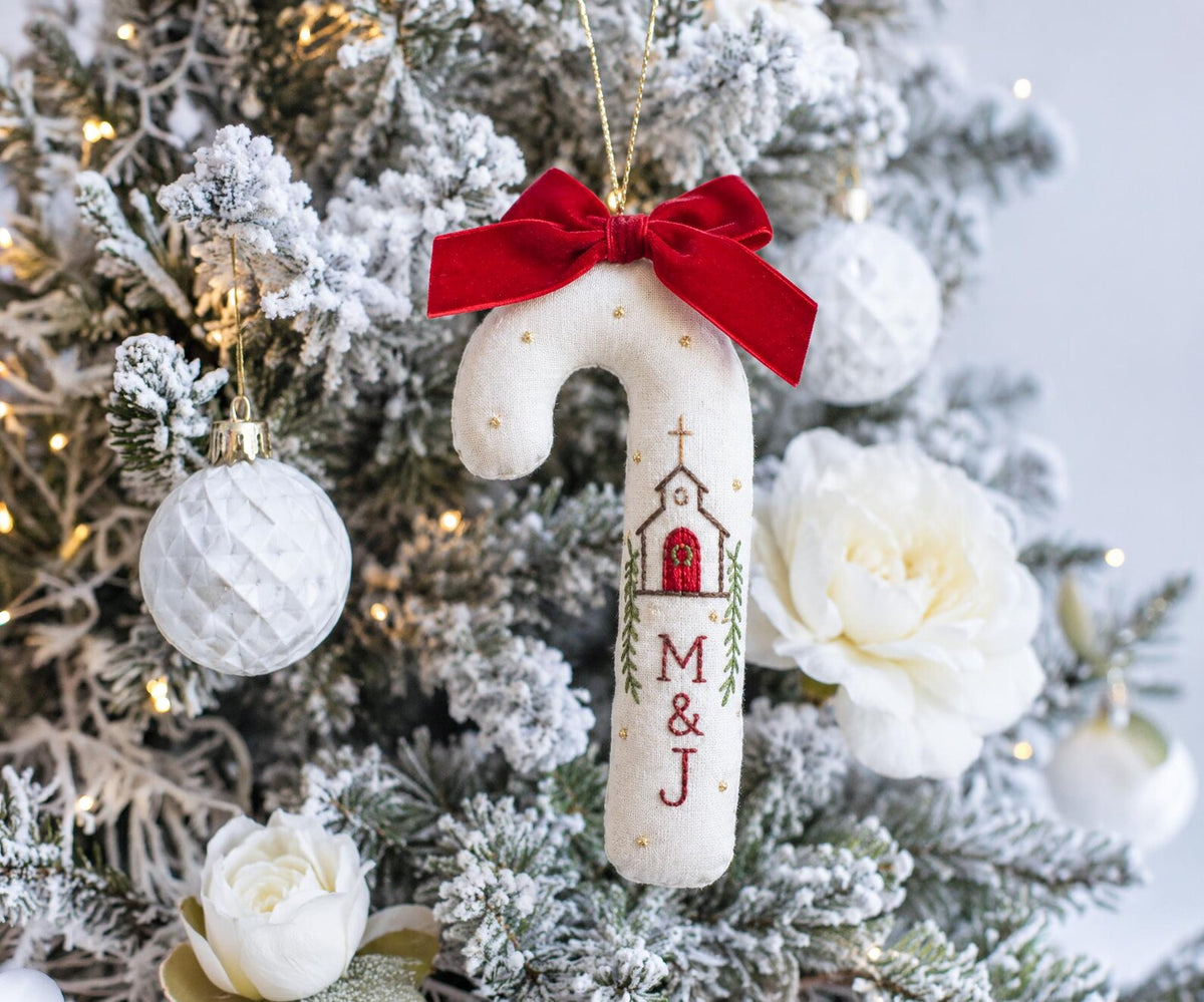 Personalized Christmas Wedding Ornament, Hand Embroidered Church Candy Cane, Custom Initials, Red Bow, Christian Newlywed Keepsake Gift 2026