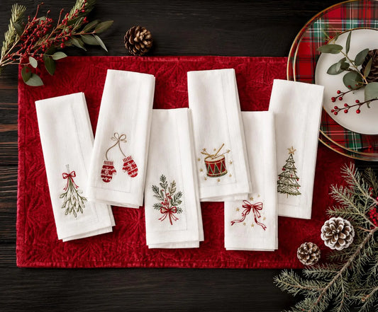 Christmas Linen Napkins Set of 6, Hand Embroidered Dinner Napkins, Mistletoe Mittens Drum Tree, Holiday Table Decor, Christmas Hostess Gifts