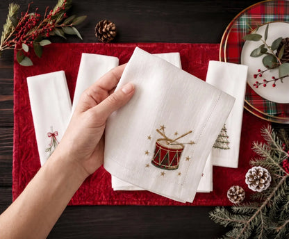 Christmas Linen Napkins Set of 6, Hand Embroidered Dinner Napkins, Mistletoe Mittens Drum Tree, Holiday Table Decor, Christmas Hostess Gifts