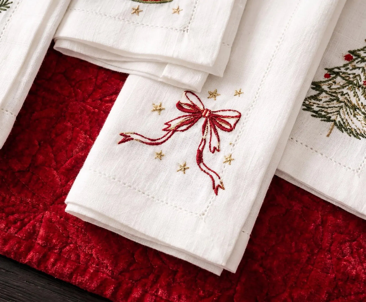 Christmas Linen Napkins Set of 6, Hand Embroidered Dinner Napkins, Mistletoe Mittens Drum Tree, Holiday Table Decor, Christmas Hostess Gifts