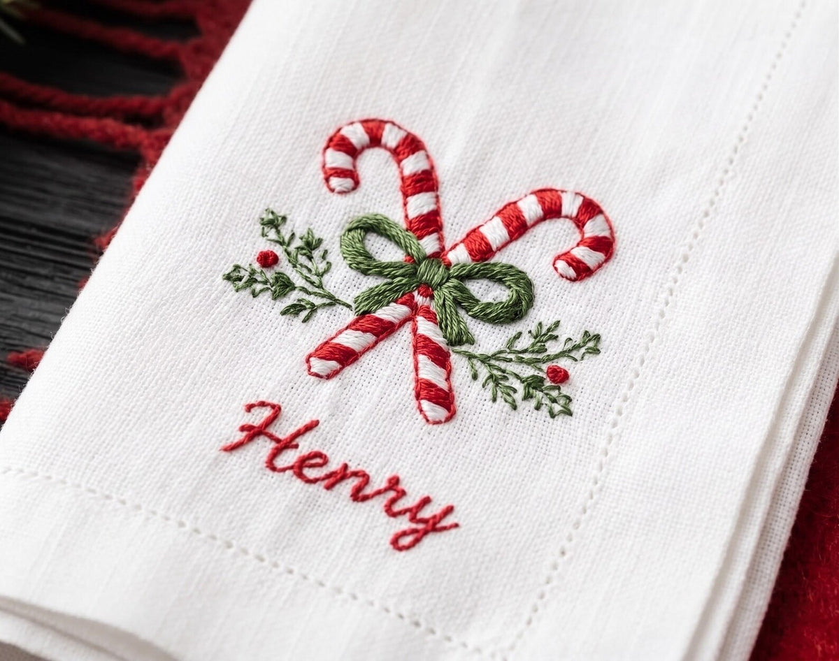 Personalized Christmas Linen Napkins Set of 6, Hand Embroidered Dinner Napkins, Custom Names, Teddy Bear Candy Cane Gingerbread Gift Decor