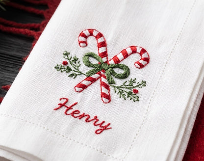 Personalized Christmas Linen Napkins Set of 6, Hand Embroidered Dinner Napkins, Custom Names, Teddy Bear Candy Cane Gingerbread Gift Decor