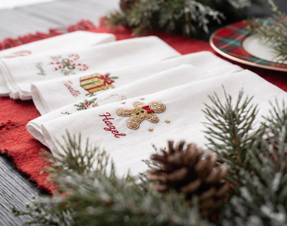 Personalized Christmas Linen Napkins Set of 6, Hand Embroidered Dinner Napkins, Custom Names, Teddy Bear Candy Cane Gingerbread Gift Decor