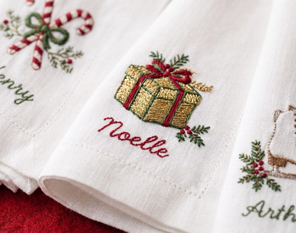 Personalized Christmas Linen Napkins Set of 6, Hand Embroidered Dinner Napkins, Custom Names, Teddy Bear Candy Cane Gingerbread Gift Decor