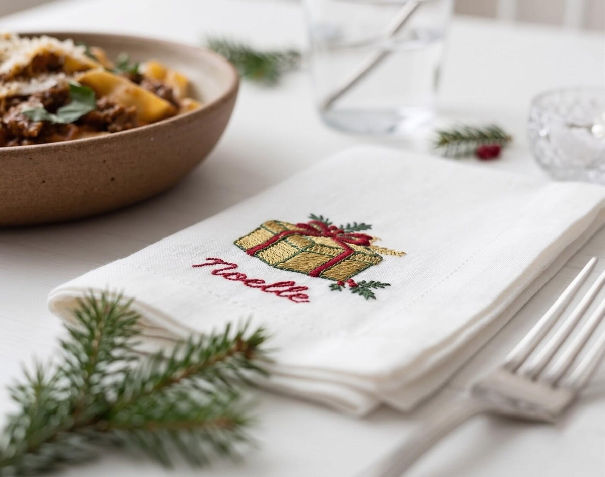 Personalized Christmas Linen Napkins Set of 6, Hand Embroidered Dinner Napkins, Custom Names, Teddy Bear Candy Cane Gingerbread Gift Decor